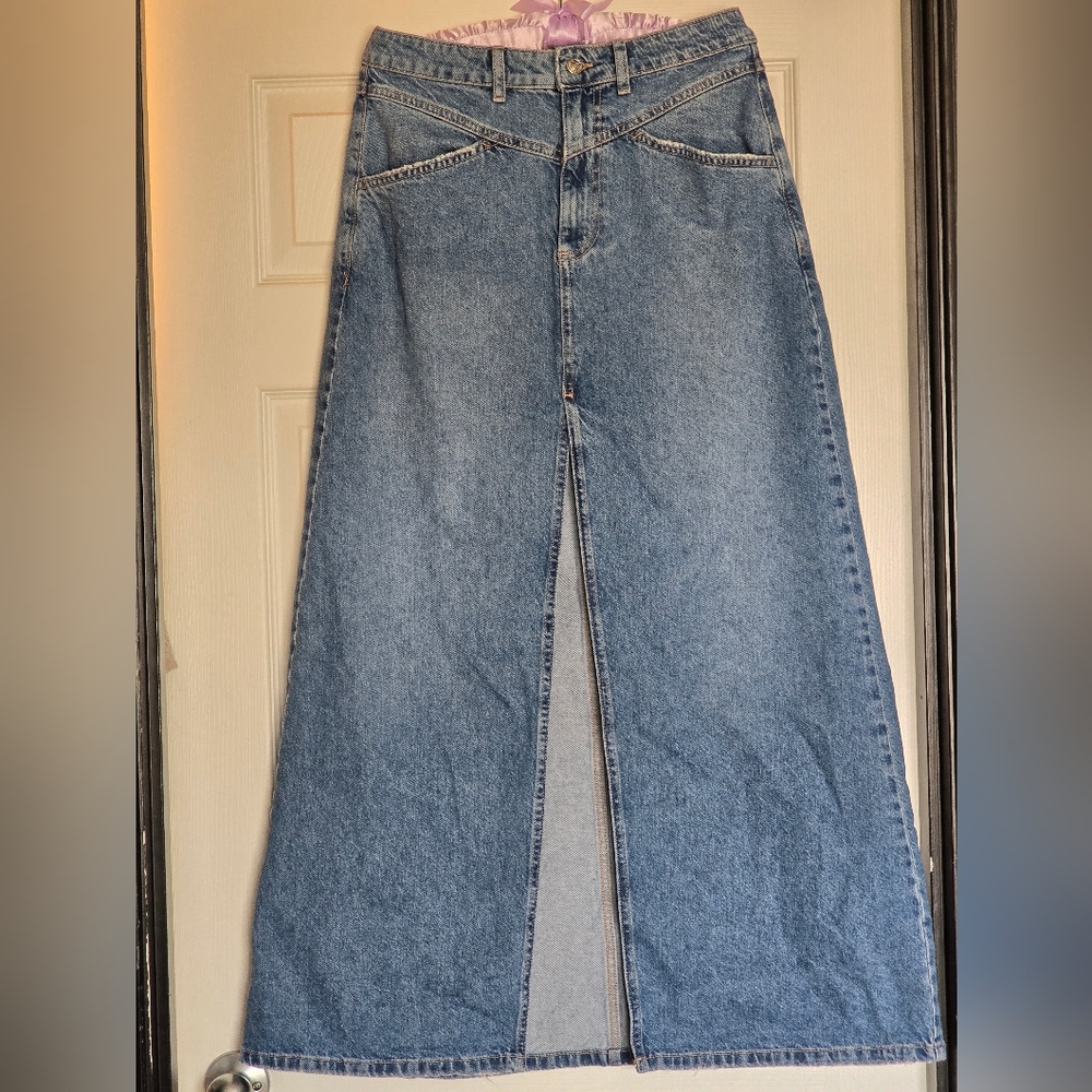 Denim Maxi Skirt with Front Slit